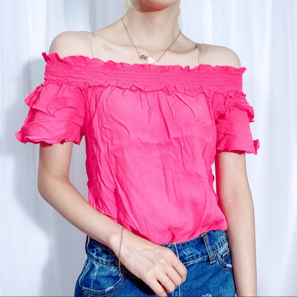 Ruffle Off Shoulder Blouse Hot Pink Small - Picture 4 of 6